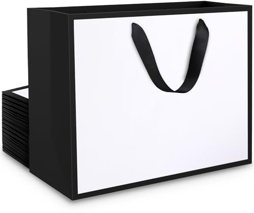 EUSOAR Geschenktüte Schwarz Weiß - 20 Stück 230GSM Papiertüten Elegant - Weiss Schwarze Hochwertige Kraftpapier Tüte Mittel - Papiertragetaschen M 27x8x21cm - Geschenktaschen mit Henkel für Hochzeit