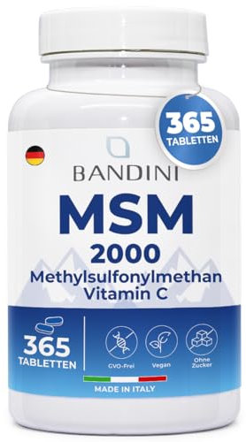 Bandini® MSM 2000 mg + natürliches Vitamin C | 365 Tabletten statt Kapseln (6 Monate) mit Methylsulfonylmethan | Für Haare, Haut, Gelenke und Nägel | Hochdosiert, vegan, laborgeprüft, ohne Zusätze