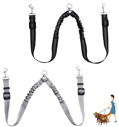 2 x Doppel-Hundeleine, kein Verheddern beim Spazierengehen, 2 Hunde, verstellbare Länge, reflektierender Splitter für große und kleine Hunde (Schwarz, Grau)