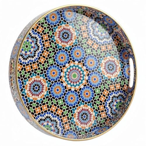 Simmer Stone Plateau décoratif rond en plastique avec poignées, coiffeuse moderne et de service pour ottoman, table basse, cuisine et salle de bain, taille 33 cm (Maroc)