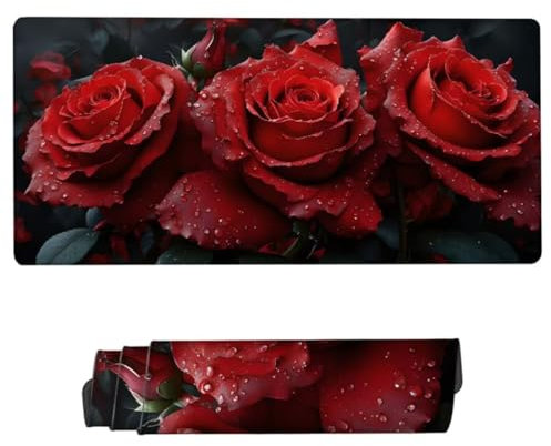 Gaming Mouse Pad Red Mouse Mat,Waterproof Mousepad Rose Desk Mat Large 35.44x15.75x0.12 in,Non Slip Desk Mat,Stitched Edges Gaming Mouse Mat,Improved Precision and Speed,Office Desk Accessories ZH-360