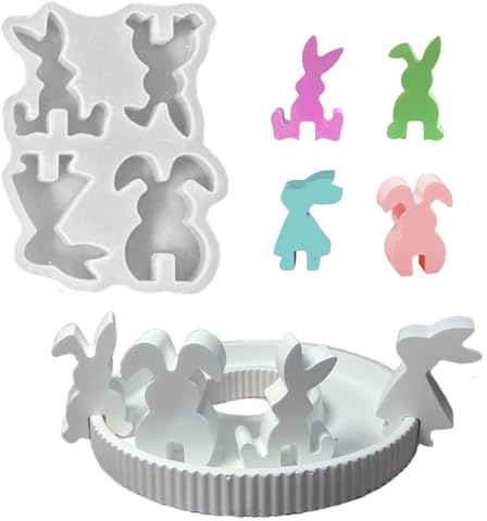 Silikonformen Gießformen Ostern, 4 Stück Osterhase Silikonform Ostern Silikonform Hase Kaninchen Gipsformen zum Gießen Giessformen Silikon Frühling Ostern für Kerzenhalter, (Kein Tablett, A)