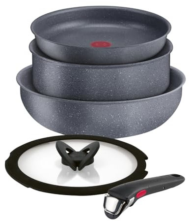 Lagostina Ingenio Mineralis Green Set Pentole Antiaderenti in Alluminio 100% Riciclato, Adatto all'Induzione, 5 Pezzi, 1 Padella 24cm, 1 Tegame 24cm, 1 Wok 26cm, 1 Coperchio 24cm e Manico Removibile