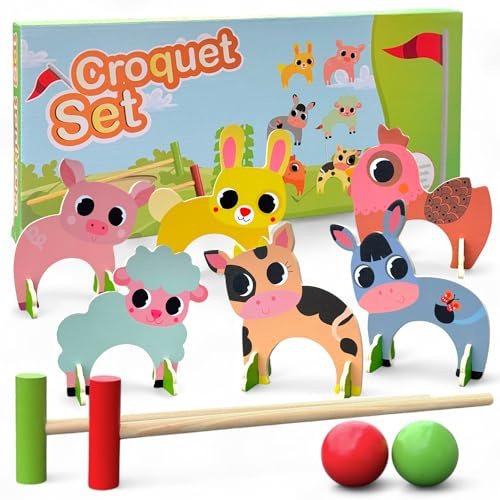 MIJOMA Gioco di croquet per bambini in legno – Gioco di lancio animali per interni ed esterni – 2 racchette, 2 palline, 6 cancelli animali colorati – Giocattoli educativi per bambini dai 3 anni in su