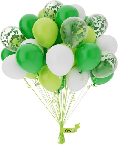 OWill 50 Pcs Green and White Balloons 10 Inch – Latex Balloons with Green Confetti for Birthday, Baby Shower, Party Decorations, Balloon Arch Garland