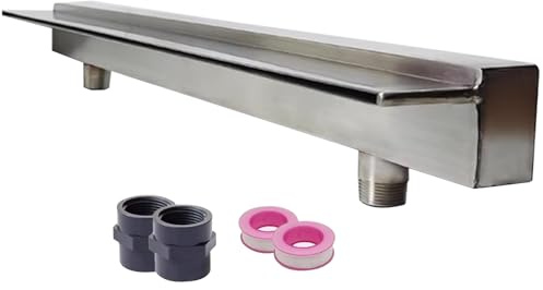 Long Waterfall Spillway For Outdoor Ponds 12 16 24 36 48 55 60 inch, Outdoor Garden Fountain Spitter Pond Water Feature Device, Water Flow Decor Stainless Steel Waterfall Box(14in Wide Outlet)