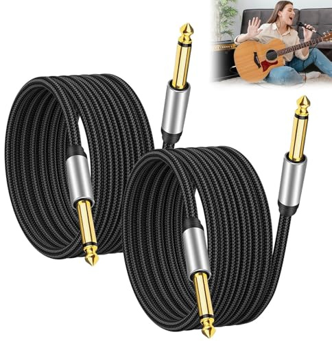 2 Pack of Guitar Cables 2M 6.35mm to 6.35mm 1/4 Inch Braided Lead Jack Cord TS Instrument Cables Guitars Amp Cable for Electric Guitars Bass Electric Mandolin Keyboard Audio Speaker Amplifier Black