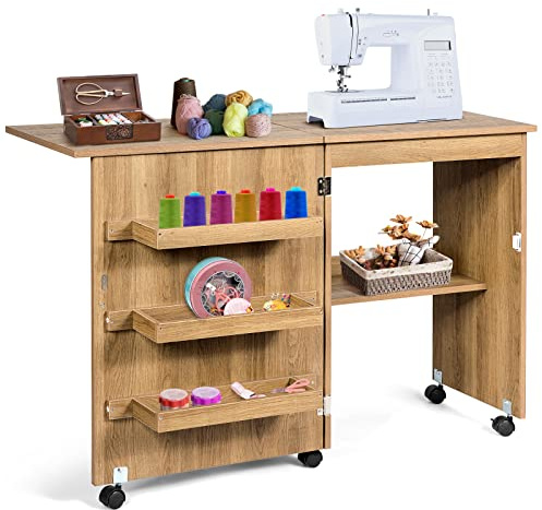 RELAX4LIFE Faltbarer Nähtisch auf Rollen, Nähmaschinenschrank aus Holz, Nähschrank, Mehrzwecktisch, ideal für Wohnzimmer, Schlafzimmer und Arbeitszimmer (Holzfarbe)