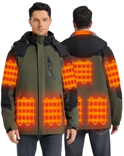 Hecusma Veste Chauffante Homme avec Batterie 18400mAh 12V, Veste Chauffante Homme avec 8 Zones de Chauffage, Vestes Randonnée Capuche Amovible Winddicht Wasserdicht für Ski Freien Winter, XL