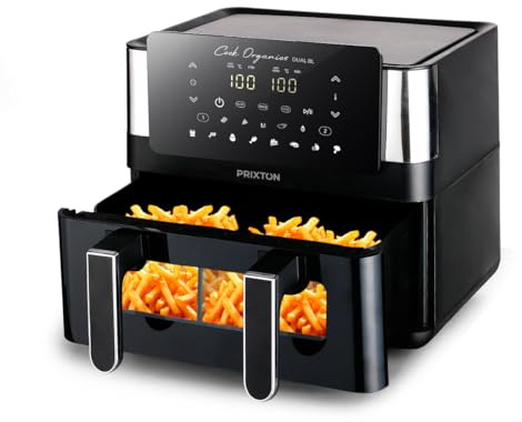 PRIXTON Freidora de aire sin aceite 8 litros con doble compartimento Cook Organics Dual, Ventana transparente, Iluminación interior, Pantalla táctil, Pared Divisoria (Reacondicionado)