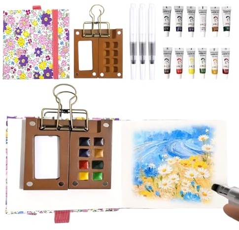 Vryth Mini Watercolour Paint Set Travel Pocket Artist Watercolour Travel Set Portable 8 Grids Wooden Palette with Metal Clip, 12 Colour Watercolor Paints, Sketchbook & Water Pen for Artists Painters