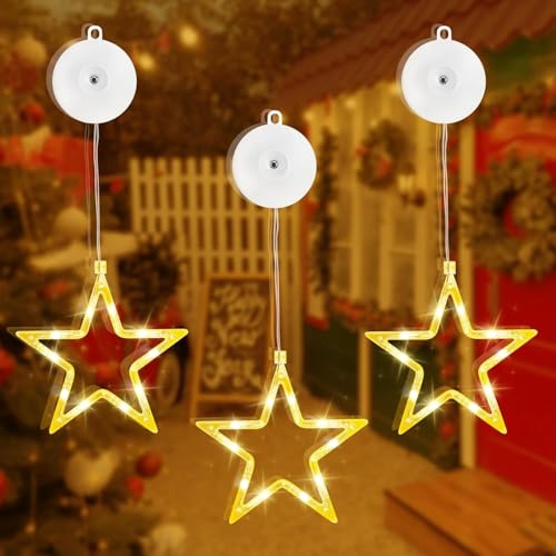 Estrellas LED decorativas navideñas,Luces LED Decorativas en Forma de Estrella,3 Piezas,Blanco Cálido,Interior,con Temporizador,Adhesivas para Ventanas,Puertas,Paredes,Iluminación Navideña