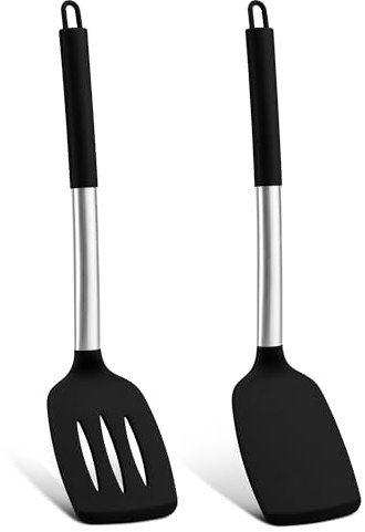 Herogo Stainless Steel Non-Stick Kitchen Spatula Pack of 2 - Black | Slotted & Solid Spatula Turner Set for Cooking/Frying, Ideal for Pancakes, Egg, Easy to Clean & Dishwasher Safe