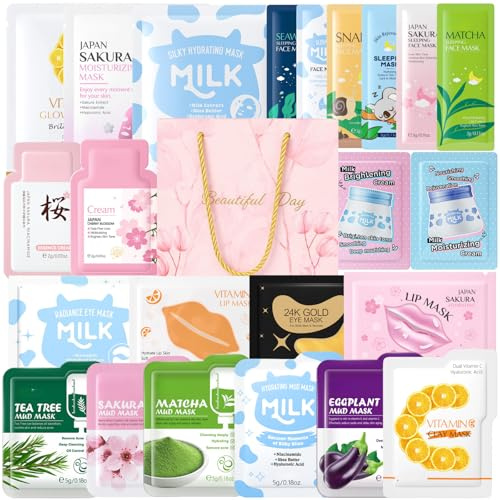Face Masks,Face Mask Skincare Set,24 Pcs Pamper Gifts for Women | Skincare Set with Face Mask,&Cream,Lip Masks,Eye Patch,Care Package Gift Sets for Women Girlfriend,Moisturising,Nourish