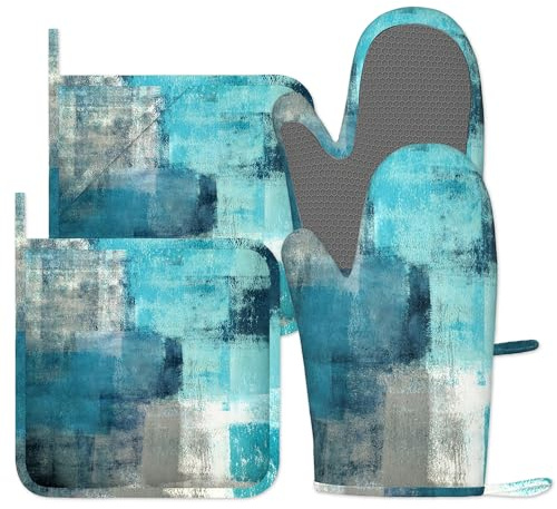 Turquoise Grey Oven Gloves, 4pcs Oven Mitts & Pot Holders Heat Resistant and Non-Slip Silicone Gloves for Cooking, Baking, BBQ, Kitchen Decor Gift