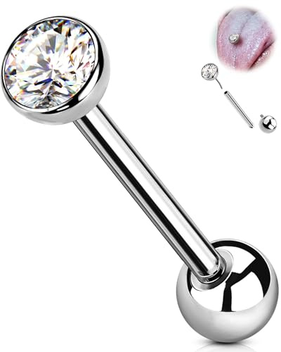 OUFER 14G G23 Titanio Piercing alla Lingua Senza Filettatura con Sfera Rotonda e Zirconia Cubica Trasparente, Semplice Gioiello per il Corpo da Indossare Ogni Giorno da Donna o da Uomo