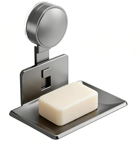 JUNJIEFU Seifenschale mit Ablauf, Saugnapf-Seifenhalter ohne Bohren | Abnehmbarer Seifenhalter aus Aluminium, 12,4 × 8,4 cm, zur Wandmontage auf glatten Fliesen und Glas, für Dusche und Küche