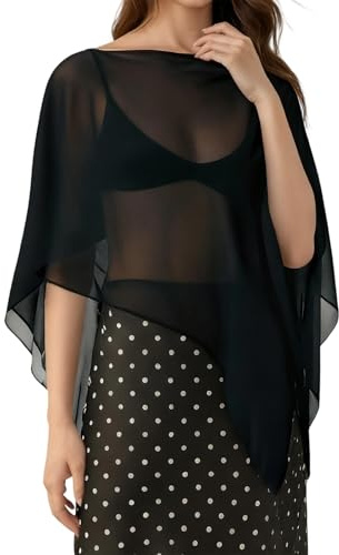 Lightweight Ponchos for Women Loose Solid Boat Neck Irregular Coverup Tops Mesh Off Shoulder See Through Shrug (Black, S)