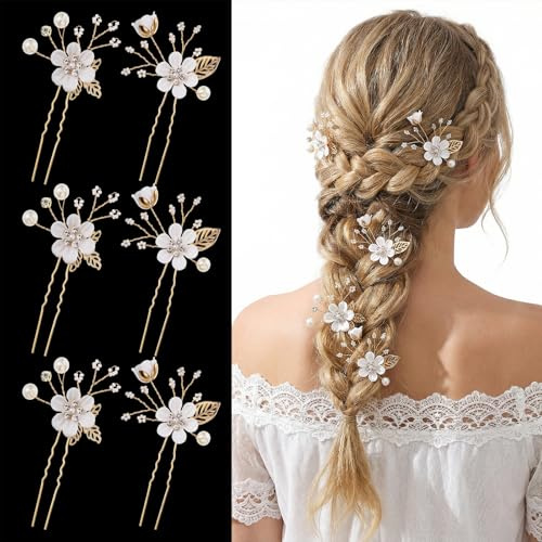Nogeqi 6 stycken brud-hårsmycken bröllop, U-formade pärlhårnålar med pärlor och blomma, hårnålar för flickor, kvinnor, brudar, brudtärnor (guldvit)