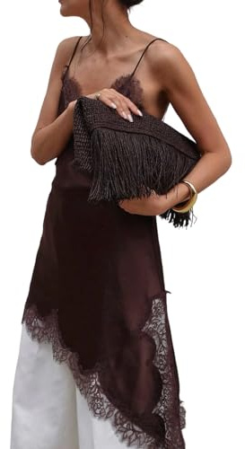REITINGE Elegante vestido de encaje con hombros descubiertos, diseño asimétrico, poliéster elástico y elastano para vacaciones u ocasiones especiales, vestido de encaje para mujer, marrón, L