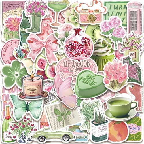 Glamifyr Aesthetic Sticker Set 50 Stück – Pink-Grün Sommer Aufkleber, Wasserfest & UV-Beständig für Laptop, Kindle, MacBook, Trinkflasche, Koffer, Journal, Scrapbooking, Fahrrad