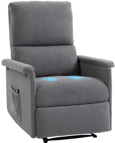 HOMCOM Fauteuil de Massage inclinable, Fauteuil de Relaxation en Polaire Teddy avec Dossier réglable, Large Assise, Repose-Pied, Poche latérale et télécommande, pour Salon, Chambre, Home cinéma, Gris