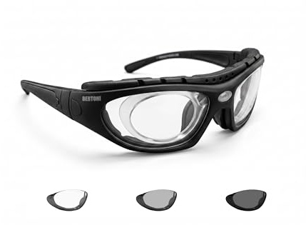 BERTONI Photochrome Polarisierte Motorradbrille - mit austauschbare Bügel oder Kopfband - mod. 366 Motorradbrille Windschutz für Brillenträger mit Sehstärke