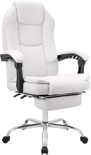 CLP Silla de Oficina Ergonómica con Reposapiés Castle, Silla de Escritorio Acolchada de Cuero Sintético, Giratoria y Ajustable en Altura, Color:Blanco
