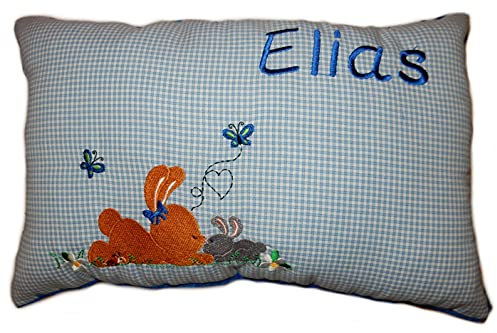 Momelie Blaues Schmusekissen * Kuschelkissen * Hasen * mit Namen Bestickt * 17 x 29 cm * SK-bl_0100