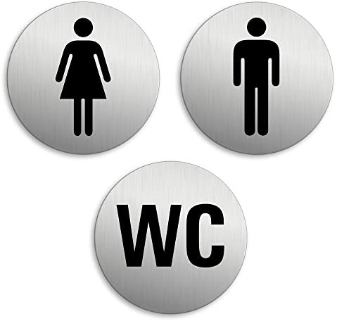 Targhetta per Porta - Toilette WC Donne Uomini Set di 3 Targa Ø 75 mm Alluminio spazzolato auto-adhesiva