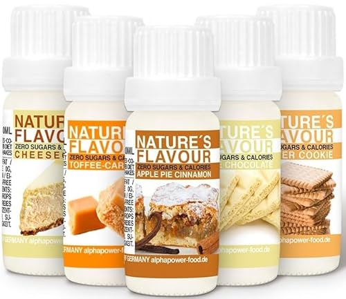 ALPHAPOWER FOOD Aromas alimentarios por repostería y bebidas I Súper pack ahorro 5x10ml, Vegano, 100% naturales con Sabor Premium I saborizante sin azucar - Flavdrops, Flavor Drops liquida