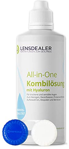 Lensdealer All in One Kontaktlinsenflüssigkeit | 1x 360ml + 1 Behälter | Kombilösung zur Reinigung von weichen Kontaktlinsen