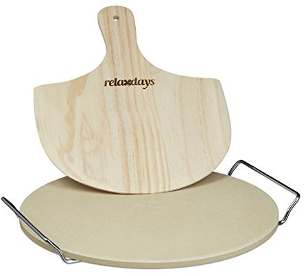Relaxdays Pietra Refrattaria, per Pizza, Set con Pala in Legno, Cordierite Rotonda, HLP: 4 x 32 x 32 cm, colore naturale
