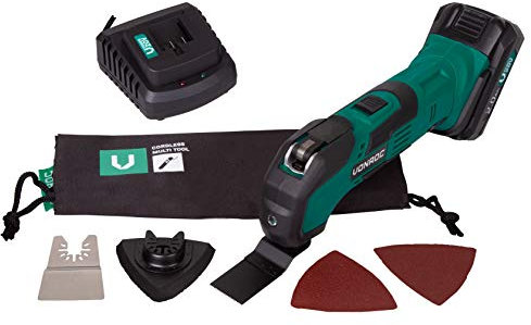 VONROC Utensile multifunzione, strumento oscillante a batteria VPOWER 20V. Set completo con una batteria 2.0Ah, caricabatterie rapido, accessori e sacca portautensili