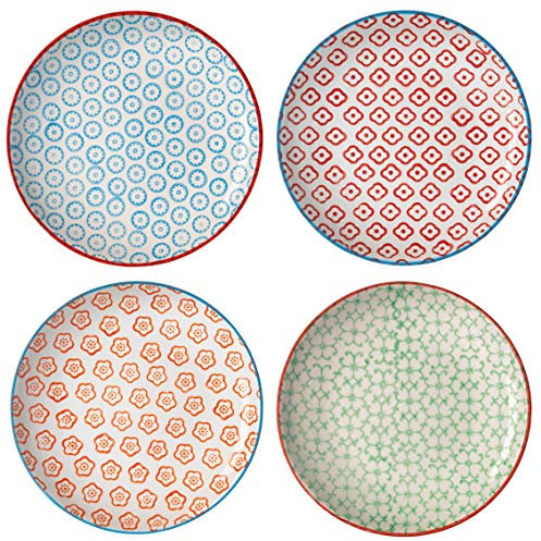 Bloomingville Teller Emma Retro Kuchenteller kleine Frühstücksteller Brotteller rund ø 16 cm, grün blau rot orange, Keramik, 4er Set