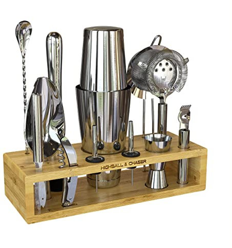 Highball & Chaser Juego de coctelera Boston de 13 piezas de acero inoxidable con soporte para bar en casa, herramientas de cóctel grabadas con láser, libro electrónico con 30 recetas de cócteles
