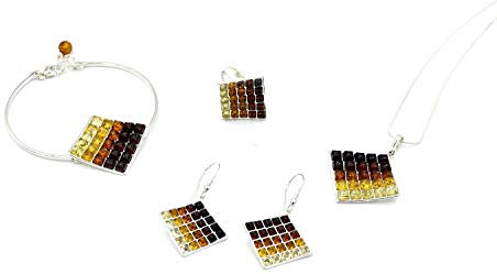 MyBer® Schmuckset Bernstein Halskette Pendant Armband Ohrringe Ring Schmuck Set Damen Silber 925 PMBER1