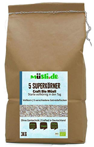 müsli.de BIO Flockenmischung aus 5 Superkörnern, 3kg Papierbeutel | Vegan geeignet, Vollkornflocken, Knackiger Geschmack, Beutel