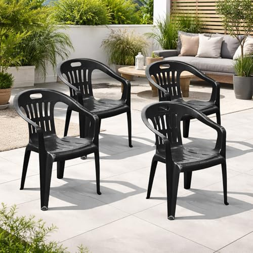Mojawo 4 Stück Stapelstuhl Gartenstuhl PIONA Bistrostuhl Gartensessel Balkonstuhl Kunststoff stapelbar Balkonmöbel Gartenmöbel Anthrazit