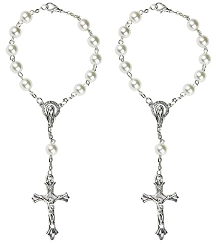 2 STÜCKE Katholische Gebetsperle Perlen Rosenkranz Armband Erstkommunion Geschenk Auto Auto Rückansicht Amulett Charm Kreuz Perle Rosenkranz Armband für Frauen Sterling Silber Männer Gold Bulk Kit
