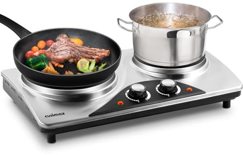 Double Hot Plate, CUSIMAX Electric Hot Plate for Cooking Portable Electric Hob, Cooktop Table Top Hob with 2 Cast Iron Rings Double Burner with Dual Temperature Control Stainless Steel