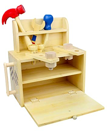 Udeas Werkzeugkoffer Kinder Holz, Lernspielzeug, mit Werkzeug Set, Kinder Werkzeuge mit Werkbank, Holzwerkzeug, Kinderspielzeug mit Verschiedene Holzteile