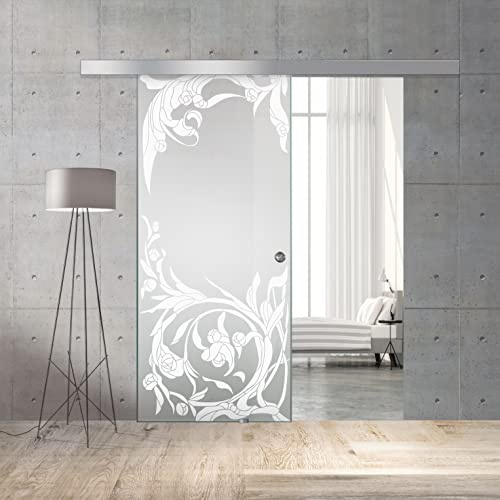BOSS Porta Scorrevole in vetro modello TOSCANA 90x215 cm (60/80/90 cm) 8 mm, vetro Satinato, Nano rivestito bianco, kit hardware complete (90x215 cm, SINISTRA)