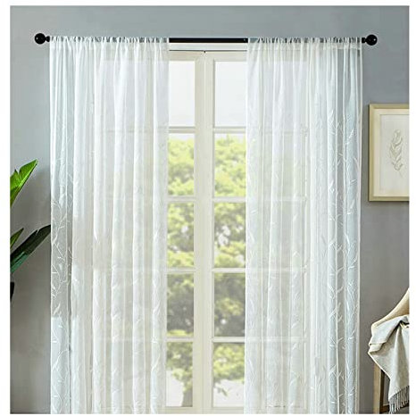 KnBoB Vorhänge für Fenster Transparent, Polyester Weiß Blumen Bestickt Gardinen Wohnzimmer mit Stangendurchzug Voile Gardinen 102 x 138 cm