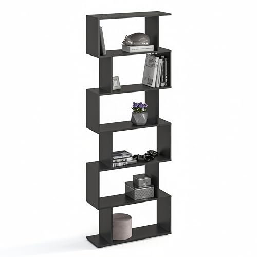 KOMTO Bücherregal Schwarz - Raumteiler Regal 191x70x24 cm Standregal Holz und Hoch mit 6 Ebenen S-Förmiges Modern Hochregal Aktenregal Büroregal