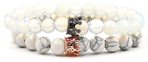 Aotiwe Perlen für Armbänder Opal, Armband Set Herren Perlen 8 mm Opal Kronenarmband Weiß Edelstahl 19cm