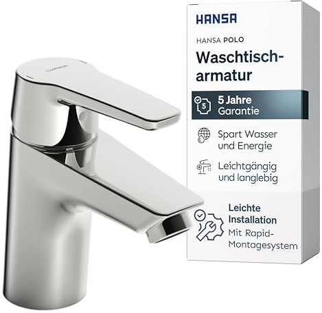 HANSA POLO Waschtischarmatur I Wasserhahn Badezimmer mit Temperatur & Wassermengenbegrenzer | Mischbatterie Bad aus Messing | Einhebelmischer Waschbecken | Chrom