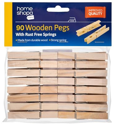 HOMESHOPA Wooden Clothes Pegs, 90 Pack Washing Line Cloth Clips, Rust and Moisture Resistant Laundry Pegs, Strong Grip Multipurpose Clips for Arts & Crafts, Clothespin for DIY, Photo Hanging, 7.5cm