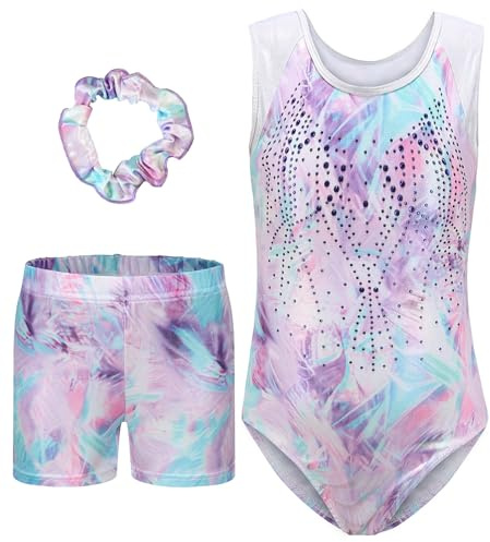 SEAUR Set med gymnastikdräkt, gymnastikshorts och hårsnodd, för flickor, barn, gymnastik, tröja, shorts, ärmlösa/långärmade danskläder, 11-12 År