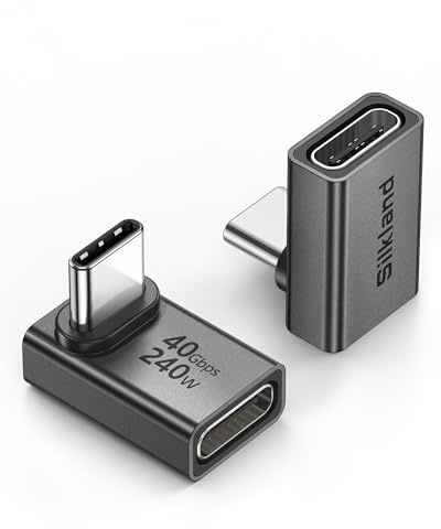 Silkland USB C 90 Degree Right Angle Adapter 2 Pack, [8K 60Hz, 240W 40Gbps] Male to Female Adapter Extender Compatible Thunderbolt 4 for Steam Deck, ROG Ally, MacBook, Switch 2, iPhone 17/16, Quest 3